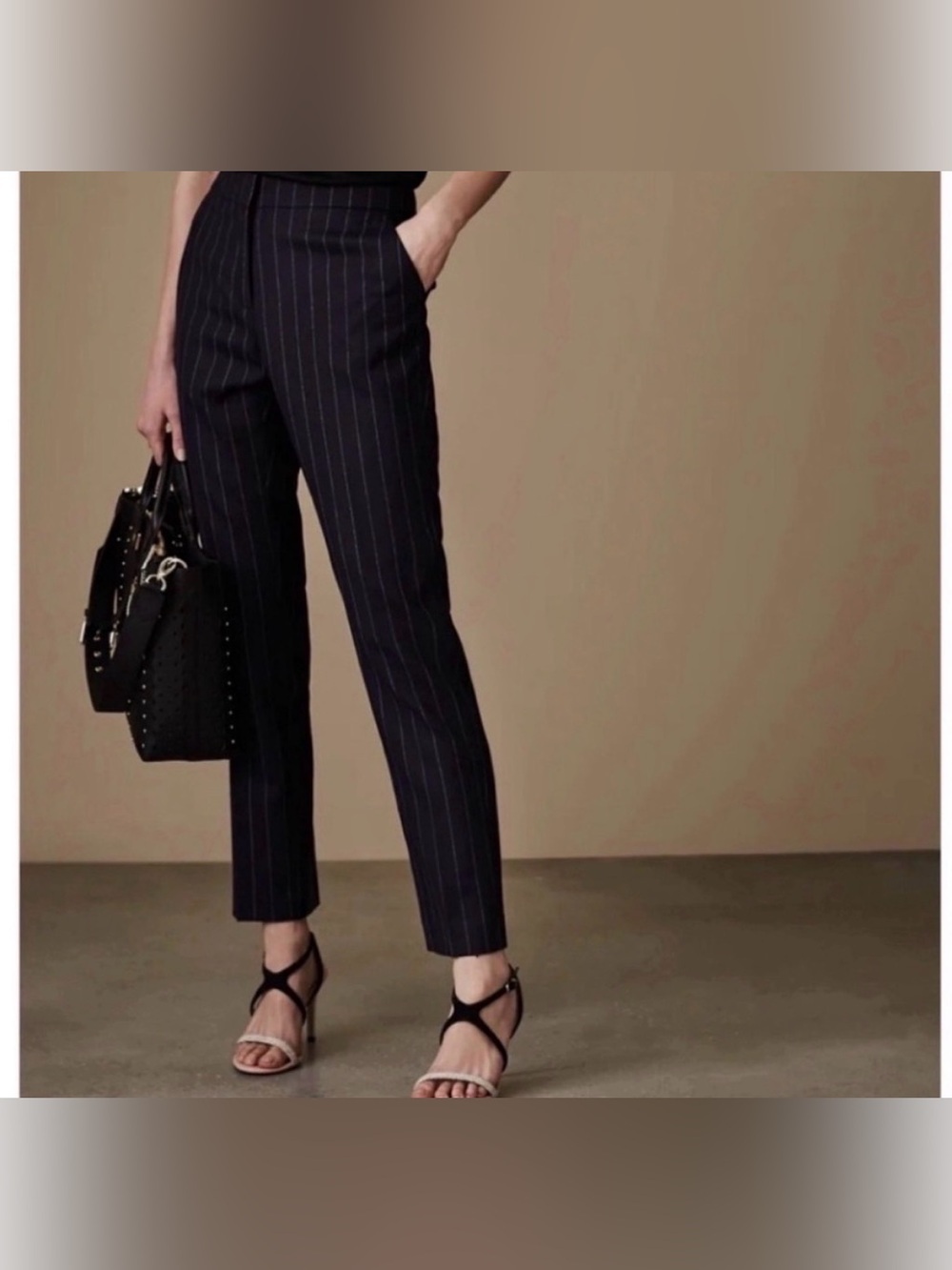 REISS Navy Pinstripe Tailored Trousers Size 6 Adjustable Waist business casual